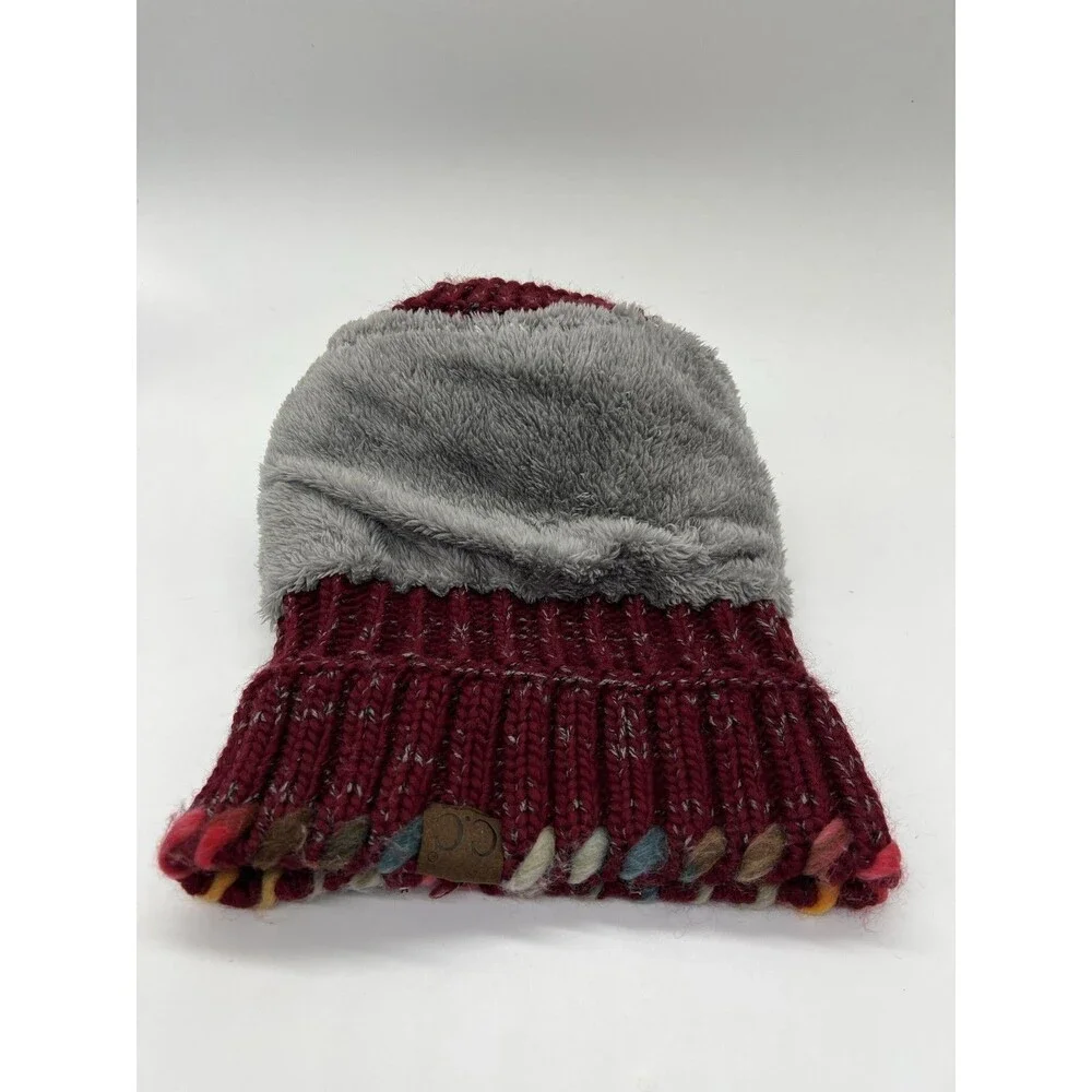 C.C Hat Beanie Womens One Size Red Knit Pom Fleece Lined Multicolor Cuff Winter